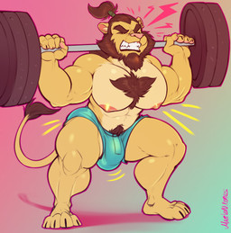 abs anthro barazoku barbell barbell_squats beard biceps big_muscles big_pecs body_hair bottomwear bulge chest_hair clenched_teeth clothed clothing emanata exercise eyes_closed facial_hair gradient_background hair hotpants huge_pecs male mane muscular muscular_anthro muscular_male nipples pecs ponytail pubes quads shorts simple_background solo squats teeth topless topless_male weightlifting workout marlon.cores shanghailion felid lion mammal pantherine 2020 absurd_res hi_res signature