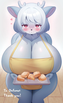 anthro apron apron_only big_breasts black_nose blue_body blue_fur blush bodily_fluids breasts clothing cookie female food fur glistening glistening_body glistening_fur hair half-closed_eyes horn huge_breasts looking_at_viewer narrowed_eyes red_eyes simple_background smile solo standing sweat thick_thighs white_background white_body white_fur white_hair wide_hips yellow_apron yellow_clothing kemonoyou deer mammal hi_res