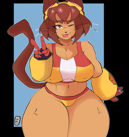 anthro bikini blep brown_hair brown_tail clothing eyewear eyewear_on_head female fur goggles goggles_on_head hair huge_thighs looking_at_viewer one_eye_closed solo swimwear tail tan_body tan_fur thick_thighs tongue tongue_out two-piece_swimsuit whiskers wide_hips wink winking_at_viewer astrojam gameoverse glitch_productions kit_bodega domestic_cat felid feline felis mammal absurd_res hi_res