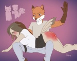 anthro beak being_watched blush bodily_fluids butt butt_slap clothed clothing crying duo_focus eyewear female fur glasses gradient_background group looking_at_another male open_mouth orange_body orange_fur purple_eyes simple_background slap spanking tears mistressadaira avian canid canine felid fox mammal