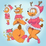 anthro antlers big_butt black_eyes blonde_hair blush blush_lines boots breasts brown_antlers brown_tail butt closed_smile clothed clothing eyelashes female footwear fur genitals hair horn mouth_closed orange_body orange_fur panties penis penis_rubbing pink_boots pink_clothing pink_footwear pink_panties pink_underwear scarf shoes simple_background smile solo spiral_eyes tail underwear wide_eyed four-pundo periwinkle_around_the_world deer mammal absurd_res hi_res multiple_images