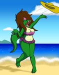 anthro beach belly belly_overhang breasts clothing female hat headgear headwear muffin_top navel non-mammal_breasts non-mammal_navel sea seaside sky skyscape slightly_chubby slightly_chubby_anthro slightly_chubby_female solo swimwear water wide_hips marcodile marcella_(marcodile-arts) crocodilian reptile scalie absurd_res hi_res