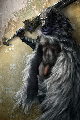 anthro armor balls biped black_nose cloak clothing cuisse flaccid floral_background flower foreskin fur gauntlets genitals gloves greatsword grey_body grey_fur handwear holding_melee_weapon holding_object holding_sword holding_weapon humanoid_genitalia humanoid_penis male male_anthro melee_weapon nipples on_model penis plant poleyn solo standing sword vambrace weapon jocarra elden_ring fromsoftware blaidd_(elden_ring) canid canine canis mammal wolf 2026 2:3 digital_media_(artwork) hi_res portrait three-quarter_portrait