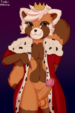 balls bottomless clothed clothing coat coat_cape coat_only crown erection genitals gesture hand_gesture headgear king looking_at_viewer male penis pointing pointing_at_penis royalty solo tail topwear topwear_only vein veiny_penis forci ailurid mammal red_panda 2:3 absurd_res half-length_portrait hi_res portrait shaded