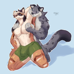 anthro biped bottomwear bulge clothed clothing detailed_bulge duo fur grey_body grey_fur hair looking_pleasured male male/male male_anthro muscular muscular_male nipples nude pec_grab pecs pleased simple_background smile tail kaisitou14 i_think_i_like_you dev_(i_think_i_like_you) twil_(rezshadow) calico_cat domestic_cat felid feline felis mammal pantherine snow_leopard 1:1 hi_res sketch