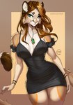 anthro belly black_clothing black_dress breasts brown_background brown_hair chain chain_necklace cleavage clothed clothing curvy_figure dress ear_piercing ear_ring emerald_(gem) female flowing_hair form_fitting fur fur_tuft gem green_eyes hair jewelry long_hair looking_at_viewer low_cut_dress medium_breasts multicolored_body multicolored_fur necklace orange_body orange_fur piercing ring_piercing simple_background skinny slim small_waist smile solo tan_body tan_fur tight_clothing tight_dress tuft two_tone_body two_tone_fur white_belly wide_hips yasmil samantha_bennett cougar felid feline mammal 2023 hi_res