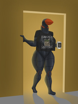 aircraft anthro armor big_breasts breasts clothing container cup doorway drone_(vehicle) electricity eyeless female genitals grey_body headgear helmet holding_object inside lightning machine mouthless mug print_clothing print_shirt print_t-shirt print_topwear shadow shirt solo standing t-shirt text thick_thighs topwear vehicle vulva wide_hips yellow_eyes affront boeing mq-28_ghost_bat meowl aeromorph domestic_cat felid feline felis living_aircraft living_machine living_vehicle mammal english_description english_text full-length_portrait hi_res meme portrait