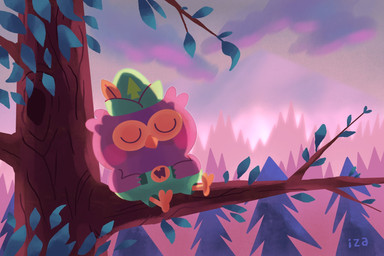 barefoot beak belt_buckle blue_background blush blush_stickers bottomwear brown_body brown_feathers buckle clothing evergreen_tree eyes_closed feather_ornament feathers feet green_bottomwear green_clothing green_pants hat hat_feather hat_ornament headgear headwear loose_feather male pants pine_tree pink_background plant simple_background sitting solo sunset talons toes tree izaart robert_iza united_states_forest_service woodsy_owl avian bird owl 2021 hi_res
