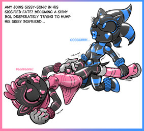 bimbofication black_body blue_eyes boots bound caption clothing crossgender dialogue dronesuit encasement eyelashes femboy footwear hair high_heeled_boots high_heels humping latex latex_clothing lips male null_bulge pink_eyes shoes short_hair text thick_lips redflare500 sega sonic_the_hedgehog_(series) amy_rose sonic_the_hedgehog eulipotyphlan hedgehog mammal colored english_text