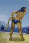 anthro beach blue_hair clothed clothing detailed_background hair looking_at_viewer male outside pose rear_view sand seaside skimpy sky solo speedo striptease swimwear tail topless trunorth tendaji felid lion mammal pantherine hi_res