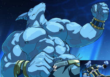 5_fingers abs anthro barazoku biceps big_muscles big_pecs biped blue_body blue_stripes claws clothed clothing fin fingers fist green_clothing green_eyes head_fin low-angle_view male male_anthro muscular muscular_anthro muscular_arms muscular_male nipples non-mammal_nipples pecs sharp_teeth snout solo standing stripes teeth text topless white_sclera fuyifuji shangri-la_frontier araba_(shangri-la_frontier) aquatic fish shark 2026 absurd_res colored colored_line_art digital_drawing_(artwork) digital_media_(artwork) english_text hi_res redraw shaded