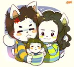 anthro baby biped blush blush_stickers clothed clothing cross-popping_vein family female front_view fully_clothed group hair male pattern_clothing pattern_topwear standing striped_clothing striped_topwear stripes swaddling sweater topwear white_body young undertale undertale_(series) temmie_(undertale) mammal tem digital_media_(artwork) half-length_portrait portrait signature