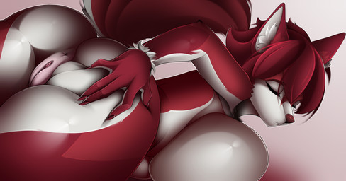 anthro anus big_breasts breasts butt countershade_arms countershade_butt countershade_face countershade_tail countershading eyes_closed female fur genitals hair hand_on_butt multicolored_body multicolored_fur nude presenting raised_tail red_body red_fur red_hair simple_background solo tail two_tone_body two_tone_fur vulva white_background white_body white_fur hatetime nova_bloodmoon canid canine canis mammal red_wolf wolf digital_media_(artwork) hi_res
