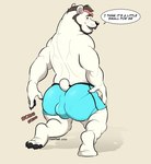 anthro balls_outline beard big_butt biped black_nose black_pawpads blue_clothing blue_eyes blue_underwear boxer_briefs brown_hair bulge butt clothed clothing detailed_bulge dialogue ear_piercing facial_hair feet fur genital_outline hair highlights_(coloring) kneeling male mustache onomatopoeia open_mouth open_smile pawpads paws piercing pink_highlights simple_background smile soles solo sound_effects speech_bubble talking_to_viewer teeth text tongue topless underwear underwear_only white_body white_fur fantine vtuber barley_(barleytheburr) bear mammal polar_bear ursine 2022 english_text hi_res