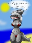 anthro beach big_breasts blush bodily_fluids breasts clothing female pose solo speech_bubble sweat swimwear wet prothowo pamper fish marine requiem_shark shark tiger_shark hi_res