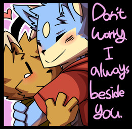4_fingers anthro anthro_on_anthro black_eyes black_nose blue_body blue_fur blush bodily_fluids brown_body brown_fur clothed clothing dialogue dipstick_ears duo ear_markings eyes_closed fingers fur fur_markings heart_symbol hoodie hug inner_ear_fluff looking_at_another looking_at_partner love male male/male markings multicolored_body multicolored_ears multicolored_fur pink_background romantic romantic_couple shirt simple_background smile tan_body tan_fur tears text topwear tuft two_tone_body two_tone_fur vertical_bar_eyes white_body white_fur young young_anthro young_male saku1saya seiya_(saku1saya) canid canine canis domestic_dog mammal 2015 absurd_res english_text hi_res