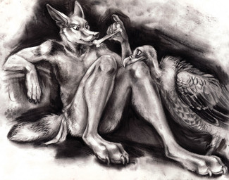 ambiguous_gender anthro bone claws duo eye_contact feathers feral finger_claws fur gesture holding_bone licking_bone looking_at_another male pawpads paws pointy_ears prick_ears raised_finger raised_pinky simple_background toe_claws white_background blotch scratches_volume_5 accipitriform avian bird canid canine canis coyote mammal vulture 2011 greyscale monochrome traditional_media_(artwork)