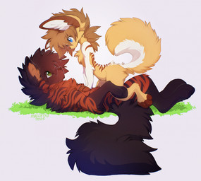 4_toes anthro biped blue_eyes brown_body brown_fur brown_hair brown_tail duo eye_contact feet female fingers fur green_eyes grey_body grey_fur grey_hair hair inner_ear_fluff looking_at_another looking_down looking_down_at_another looking_up looking_up_at_another lying male nude nude_anthro nude_female nude_male on_back side_view simple_background tail toes tuft magenta7 kammy_(kammysmb) magenta_(magenta7) canid canine fennec_fox fox hyena mammal true_fox 2025 digital_drawing_(artwork) digital_media_(artwork) hi_res