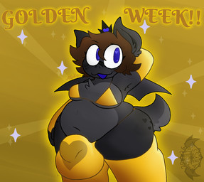 anthro belly big_bulge bikini black_crown blue_eyes breasts brown_hair bulge chest_tuft clothing countershading crown detailed_bulge fingerless_gloves floating_crown freckled_face freckled_hips freckles fur glistening glistening_clothing gloves gold_bikini gold_gloves gold_stockings grey_body grey_fur gynomorph hair hand_behind_head handwear headgear heart_freckles heart_symbol intersex legwear metallic_clothing navel slightly_chubby smile solo stockings swimwear tuft two-piece_swimsuit wide_hips wings apollysabyss golden_week marci_(apollysabyss) bat mammal hi_res trans_(lore) trans_woman_(lore)