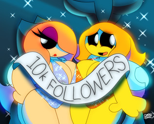 antennae_(anatomy) anthro anthrofied banner big_breasts black_sclera blonde_hair breasts cleavage clothed clothing duo eyelashes eyeshadow female follower_celebration follower_number hair lipstick looking_at_viewer makeup open_mouth purple_eyeshadow simple_background smile sparkles sparkling_bra sparkling_clothing sparkling_panties thick_thighs white_eyes wide_hips wings yellow_body unfortu-nate beatrice_(unfortu-nate) bonnie_(unfortu-nate) arthropod bee hymenopteran insect 2026 digital_media_(artwork) hi_res