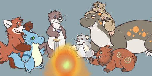 3_fingers 3_toes 4_fingers 4_toes ambiguous_gender anthro black_nose campfire fangs feet feral fingers fire grey_background group male melee_weapon open_mouth paws simple_background sword teeth toes tongue weapon tobiscut ailurid american_opossum amphibian kobold mammal marsupial mustelid otter red_panda salamander scalie suid suine sus_(pig) unknown_species wild_boar 2015 absurd_res hi_res