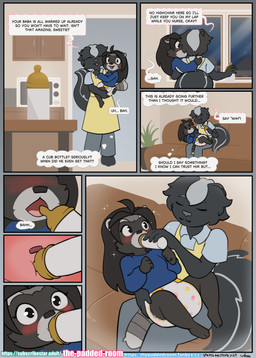 anthro baby_bottle babysitter blush blush_lines bottle_feeding carried clothed clothing diaper diaper_only duo female male male/female size_difference sparkles text topless wearing_diaper the_padded_room esmeralda_kingsley theodore_reed mammal mephitid procyonid raccoon skunk absurd_res comic english_text hi_res