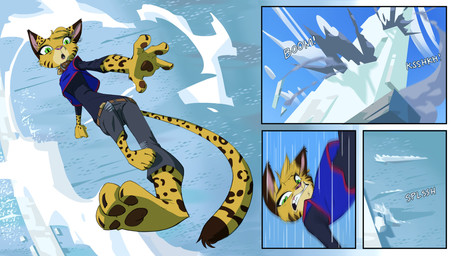 3_toes anthro barefoot belt bottomwear clothing collar comic_panel constricted_pupils denim denim_bottomwear denim_clothing detailed_background ear_piercing ear_ring explosion facial_markings falling feet female female_anthro fur green_eyes head_markings head_tuft high-angle_view jeans jersey long_sleeve_shirt long_tail looking_down markings midair onomatopoeia open_mouth pants pawpads piercing pointy_ears pose pupils ring_piercing shirt slit_pupils small_pupils solo sound_effects spots spotted_body spotted_fur striped_markings stripes tail text toes topwear torn_bottomwear torn_clothing torn_jeans torn_pants tuft ruffu pepper_in_the_sandbox pepper_(ruffu) felid feline mammal serval 16:9 colored comic detailed digital_drawing_(artwork) digital_media_(artwork) hi_res shaded widescreen