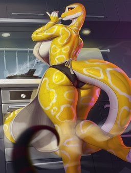 anthro appliance apron apron_only big_breasts big_butt big_tail black_clothing black_panties black_underwear breasts butt clothing cooking cookware curvy_figure detailed_background female food frying_pan furgonomic_underwear furgonomics huge_breasts huge_hips huge_tail huge_thighs inside kitchen kitchen_utensils long_tail mostly_nude_female non-mammal_breasts panties red_eyes scales side_boob solo spatula stove sucking tail thick_tail thick_thighs thumb_suck tools underwear ventral_scales wide_hips yellow_body yellow_scales kalivero reptile scalie snake digital_media_(artwork) digital_painting_(artwork) hi_res painting_(artwork)