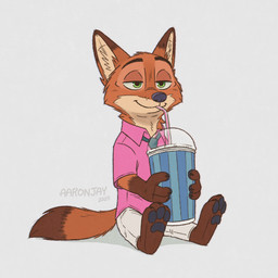 3_toes 4_fingers anthro barefoot beverage black_nose black_pawpads bottomwear claws clothed clothed_anthro clothed_male clothing drinking feet finger_claws fingers fur gloves handwear hindpaw humanoid_hands leg_markings male male_anthro markings pants pawpads paws plantigrade red_body red_fur shirt sitting smile socks_(marking) soles solo tail toe_claws toes topwear aar0njay disney zootopia nick_wilde canid canine fox mammal red_fox true_fox 1:1 2025 hi_res