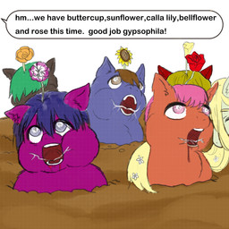 accessory ambiguous_feral ambiguous_gender blank_stare blood blood_from_mouth blood_in_mouth bodily_fluids brown_body brown_fur brown_hair buried buttercup_(flower) calla_lily corpse death dialogue dirt eye_roll feral flower flower_in_hair flower_on_head fur green_hair grey_eyes group hair hair_accessory looking_up offscreen_character open_mouth orange_body orange_fur parasite pink_eyes pink_hair plant purple_body purple_fur purple_hair rose_(flower) species_transformation sunflower teeth text transformation young young_feral yellowcottoncandy030 fluffy_pony gypsophila fluffy_pony_(species) mammal 1:1 2025 digital_media_(artwork) english_text hi_res