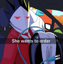 butt cable_tail car_interior clothed clothing duo electrical_cord electrical_plug electrical_plug_tail female machine male male/female tail zackthedraq deltarune he_wants_to_order undertale_(series) tasque_manager darkner humanoid robot swatchling meme