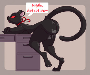 anthro bent_over biped black_body black_fur bodily_fluids breasts butt dialogue eyelashes female fur genital_fluids pupils side_view simple_background solo text thick_thighs vaginal_fluids ikakins microsoft tango_gameworks the_evil_within domestic_cat felid feline felis mammal hi_res