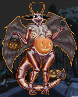 4_toes 5_fingers anthro belly big_belly blue_eyes blurred_background bodypaint bone candy chest_tuft claws dessert feathered_wings feathers feet female fingers fluffy_ears food fruit genitals holidays horn nipples nude open_mouth pink_body pink_scales plant pregnant pumpkin red_body red_scales scales skeleton smile solo toe_claws toes tuft vulva wide_hips wings heartlessangel3d halloween mythology adelina_the_love_dragon dragon mythological_creature mythological_scalie scalie 4:5 absurd_res hi_res