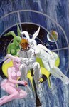 cosmic_background female group male nude pulp_art retrofuturism science_fiction space space_background spacesuit robert_bonfils the_day_the_universe_came human lagomorph leporid mammal rabbit ancient_art cover_art