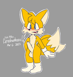2_tails anthro balls big_balls big_penis blue_eyes blush clothing crotch_tuft dipstick_tail footwear foreskin fur genitals gloves handwear humanoid_genitalia humanoid_penis male markings multi_tail navel penis socks solo tail tail_markings tuft yellow_body yellow_fur aroohwahoou sega sonic_the_hedgehog_(series) miles_prower canid canine fox mammal 2023 dated