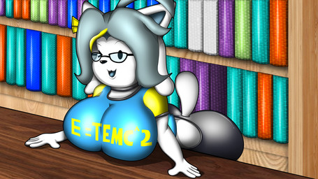 anthro big_breasts big_butt blonde_highlights book bookshelf bottomwear breasts butt choker clothing e=mc2 eyewear female furniture glasses highlights_(coloring) jewelry leaning_on_desk leaning_on_table library necklace nerd one_eye_closed pants shirt short_tail solo t-shirt tail topwear wink yoga_pants spdy4 undertale undertale_(series) temmie_(undertale) tem 16:9 absurd_res digital_media_(artwork) hi_res widescreen