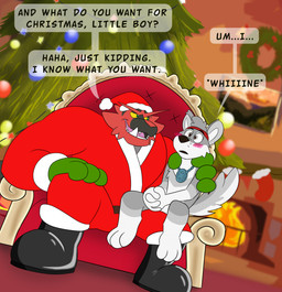 anthro black_boots black_clothing black_footwear blush boots christmas_decorations christmas_lights christmas_tree clothing costume duo fireplace footwear glistening glistening_boots glistening_clothing glistening_footwear holidays male male/male plant santa_costume shoes text tree overkelion christmas nintendo pokemon tahu_(incineroar) wolfpuptk canid canine canis generation_7_pokemon incineroar mammal pokemon_(species) wolf english_text hi_res