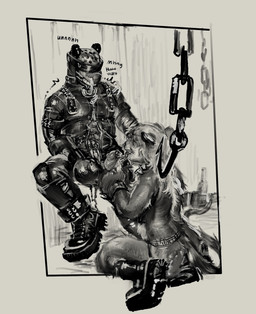 ambiguous_gender anthro blood bloodplay bodily_fluids boots braces clothing collar duo facial_piercing footwear genital_piercing genitals gimp_suit grin hair hair_over_eyes jockstrap kneeling_oral_position long_hair male male/ambiguous markings meathook mullet nose_piercing penis penis_piercing piercing prince_albert_piercing saliva saliva_on_penis saliva_string septum_piercing shoes smile sound_effects striped_markings striped_tail stripes tail tail_markings text underwear unzipped_bodysuit wounded mourph bren_(mourph) ambiguous_species american_opossum mammal marsupial english_text hi_res