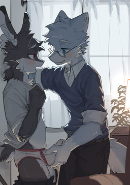 anthro blue_body blue_eyes blush bodily_fluids bottomwear bottomwear_down briefs brown_body bulge bulge_grab clothed clothing clothing_lift collared_shirt colored_seam_underwear duo erection erection_under_clothing eyewear fluffy fluffy_tail genital_fluids glasses hand_on_bulge hand_on_head head_tuft inside kemono looking_at_another male male/male pants pants_down partially_clothed plant polo_shirt precum precum_through_clothing precum_through_underwear red_eyes shirt shirt_lift standing tail tenting topwear tuft underwear wet wet_clothing white_body mintza_bo hop_(deathw1sh_4k) canid canine lagomorph leporid mammal rabbit 2026 hi_res