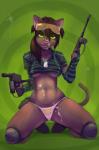 anthro biped bodily_fluids boots breasts brown_hair clothed clothing cum cum_on_belly cum_on_body cum_on_face dog_tags ear_piercing eyewear female footwear genital_fluids glasses grin hair jewelry kneeling long_hair necklace paintball_gun piercing shirt shoes simple_background smile smirk solo thong topwear under_boob underwear wolfy-nail domestic_cat felid feline felis mammal 2013 digital_media_(artwork)