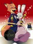 2017 3:4 academy_awards ahiru621 anthro award bare_shoulders barefoot benjamin_clawhauser black_tie_(suit) blush bow_(feature) bow_tie canid canine carrying_another cheetah clothed clothing dipstick_ears disney dress duo_focus embrace feet felid feline female fennec_fox finnick_(zootopia) fox fur group holding_award holding_object holding_oscar_statuette hug jewelry judy_hopps lagomorph leporid long_ears male mammal multicolored_ears necklace nick_wilde on_shoulders one_eye_closed open_mouth open_smile oscar_statuette rabbit rear_view red_fox running size_difference smile suit text true_fox wink zootopia
