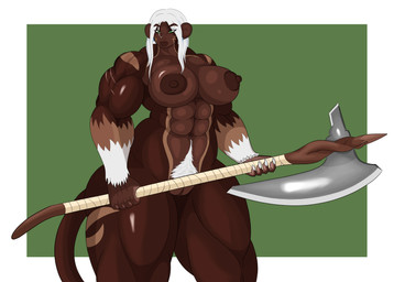 abs anthro arm_scar axe battle_axe bearded_axe biceps big_breasts big_muscles body_hair breasts brown_body brown_fur claws colored_nails dark_body dark_nipples dark_skin deltoids ear_piercing ear_ring facial_scar female fur genitals green_eyes hair happy_trail huge_breasts huge_muscles huge_thighs long_hair long_tail melee_weapon multicolored_body multicolored_fur muscular muscular_anthro muscular_arms muscular_female muscular_thighs nails nude pecs pecs_with_breasts piercing prehensile_tail pubes ring_piercing scar sharp_teeth solo tail tan_body tan_fur teeth thick_thighs two_tone_hands vulva weapon white_body white_fur white_hair white_nails ysirieanart ysira_(ysirieanart) haplorhine mammal monkey primate absurd_res hi_res