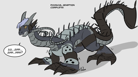all_fours armor artificial_intelligence body_size_growth claws fangs feet feral growth headgear helmet horn human_to_feral long_neck male membrane_(anatomy) neck_expansion simple_background size_transformation snout solo spacesuit species_transformation spines suit_transformation tail teeth toes transformation transformation_through_technology webbed_feet webbed_hands white_background adalore mythology aquatic aquatic_dragon dragon mythological_creature mythological_scalie scalie 16:9 2025 digital_drawing_(artwork) digital_media_(artwork) hi_res widescreen