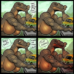 4_panel anthro arm_support biceps big_breasts blood blood_on_body blood_on_face blood_on_ground bodily_fluids breasts car claws death detailed_background dialogue evil_grin extreme_size_difference fangs female forest green_body green_scales group huge_breasts humor jungle killing leaning_on_elbow looking_at_another male mountain muscular muscular_female plant profanity scales size_difference smile snout speech_bubble surprised tan_body tan_scales teeth text tree triceps trio vehicle yellow_eyes mister_feelgood jurassic_park universal_studios dinosaur human mammal prehistoric_species reptile saurischian scalie theropod tyrannosaurid tyrannosauroid tyrannosaurus tyrannosaurus_rex 1:1 2026 absurd_res comic english_text hi_res