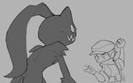 anthro arm_tuft clothed clothing duo female grey_background hair hat headgear headwear holding_object holding_pokeball male pokeball sharp_teeth short_hair shoulder_tuft simple_background teeth tuft caliginous nintendo pokemon rei_(pokemon) generation_8_pokemon pokemon_(species) sneasler monochrome