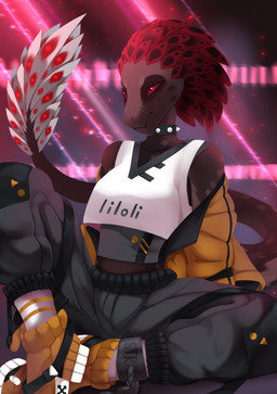 anthro boots bottomwear breasts clothing collar crop_top effects feathers female footwear neon night nightclub non-mammal_breasts pants red_eyes ribbons shirt shoes sneakers solo spiked_collar spikes tail tape topwear liloli_(artist) dinosaur dromaeosaurid feathered_dinosaur feathered_scalie prehistoric_species reptile scalie theropod hi_res