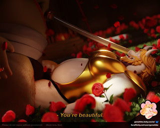 armor barazoku beard belly bulge bulge_frottage cleavage_cutout cutout dialogue duo facial_hair flower hairy male male/male melee_weapon plant rose_(flower) slightly_chubby straddling subdued sword text weapon genshiba nintendo the_legend_of_zelda undertale_(series) asgore_dreemurr ganondorf humanoid mammal suid suine sus_(pig) wild_boar english_text hi_res url