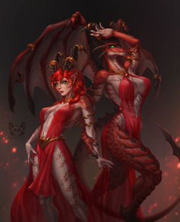 abs anthro big_breasts blade breasts brooch clothing deep_cleavage dress duo female gold_(metal) gold_jewelry hair horn horn_jewelry humanoid_pointy_ears jewelry long_neck long_tail membrane_(anatomy) membranous_wings multiple_forms muscular muscular_anthro muscular_female necklace nipple_outline non-mammal_breasts pointy_ears pupils red_clothing red_dress red_hair slit_pupils spikes square_crossover tail tail_blade weapon_tail wings runarta blizzard_entertainment european_mythology mythology warcraft animal_humanoid dracthyr dragon dragon_humanoid humanoid mythological_creature mythological_scalie scalie scalie_humanoid western_dragon hi_res