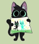 ambiguous_gender black_body drawing drawing_in_a_drawing green_background green_sclera head_tuft holding_object holding_paper looking_at_viewer paper semi-anthro simple_background solo tail tuft gooblie_2 domestic_cat felid feline felis mammal low_res