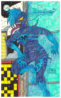2_toes 5_fingers abs blue_body blue_hair blue_markings boarder border breasts city city_background cityscape claws cloud colored_pencil duo featureless_breasts featureless_crotch feet female finger_claws fingers hair light long_tongue markings mohawk moon moonlight navel night no_pupils snow snowing solo symbol teeth toe_claws toes toned_body toned_female toned_muscles toned_thighs tongue white_border yellow_eyes yellow_teeth cougar_leon marvel mercury_(the_shadow_rose) humanoid klyntar mammal symbiote 2024 hi_res traditional_media_(artwork)